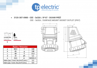 Preview: CEE Anbausteckdose 83x90mm 3P 32A 6h IP67